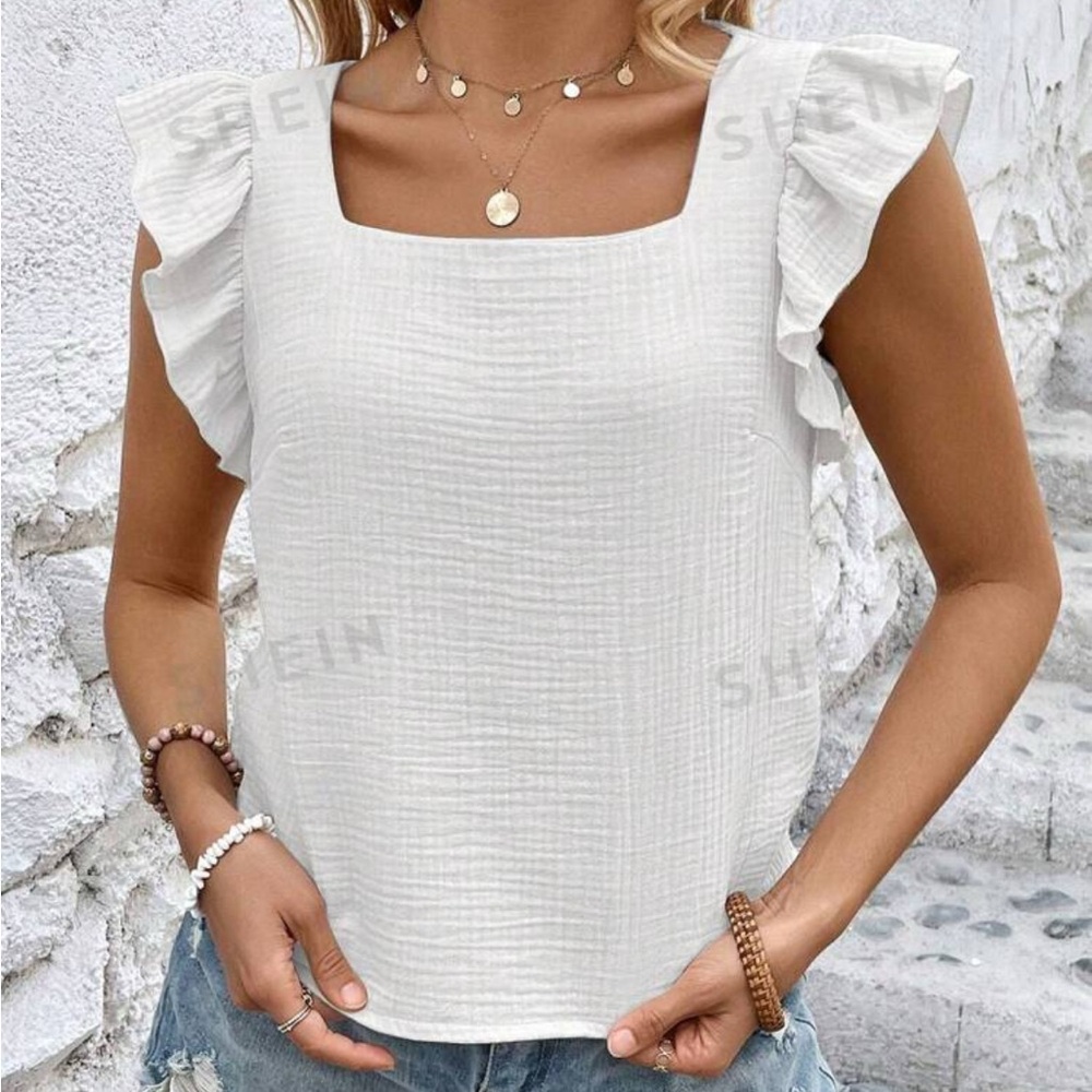 SHEIN square neck, white blouse, ruffle sleeves